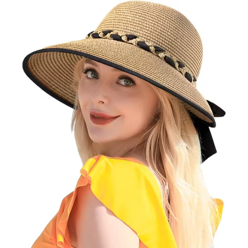 Wide Brim Straw Sun Hat – Packable Beach Hat with Chin Strap | Lightweight Travel & Outdoor Hat (Adjustable Fit)