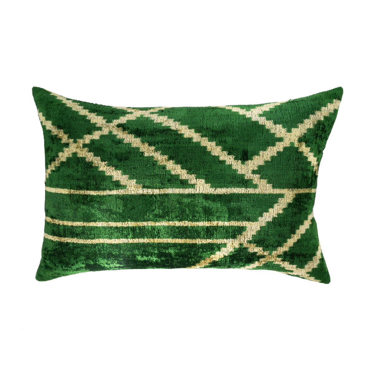 Woodlands Green Silk Velvet Ikat Pillow Cover, 16 x 24