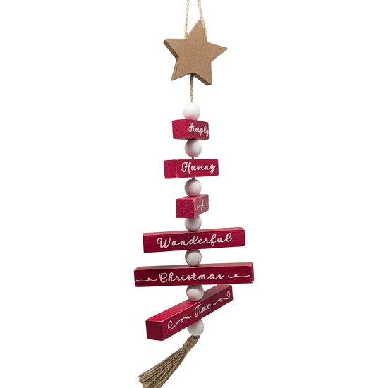Wood Traditional Christmas Tree Shaped Wall Sign - Red
