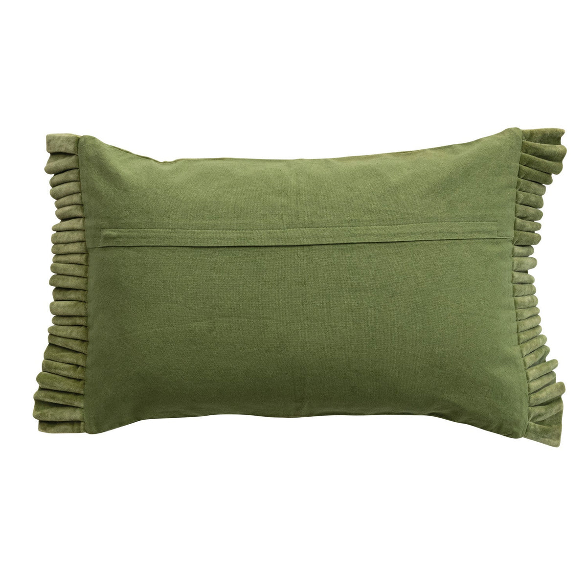Moss Green Cotton Velvet Lumbar Pillow with Ruffle Trim