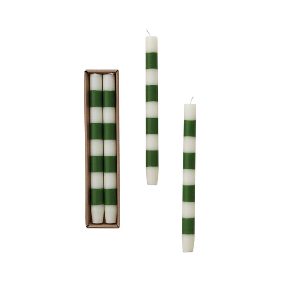 Green Striped Unscented Taper Candle, Set of 2