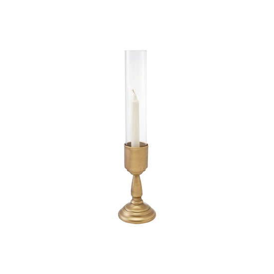 Gold Metal Taper Holder With Glass Hurricane- 2 Size Options