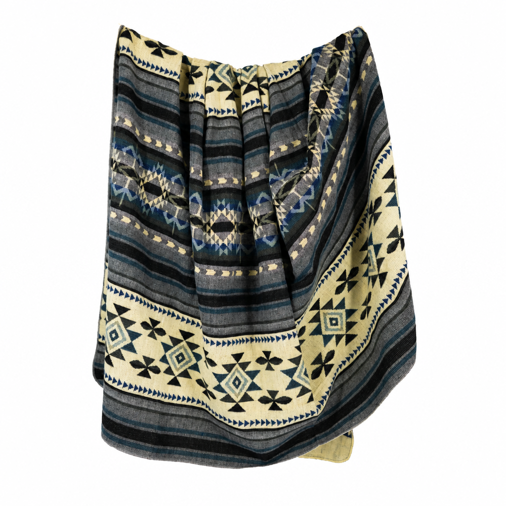 Reversible Handwoven Alpaca Throw Blanket | Geometric Blue, Gray & Cream | Yachana Collection
