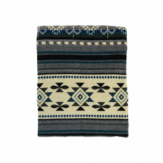 Reversible Handwoven Alpaca Throw Blanket | Geometric Blue, Gray & Cream | Yachana Collection
