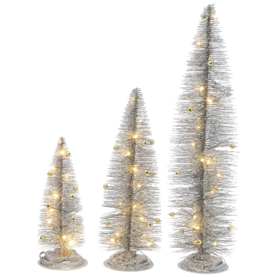 Lighted Holiday Bottle Brush Trees - Silver Set of 3